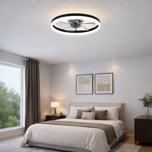 Flush Mount Ceiling Fan with Light in a modern bedroom, showcasing low-profile design and adjustable lighting.