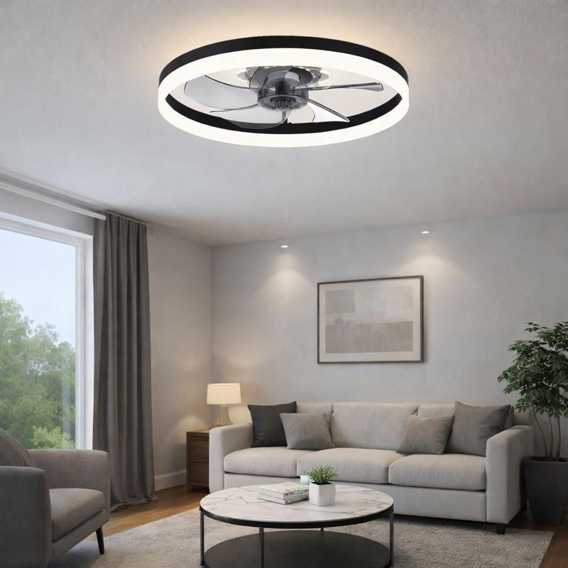 Flush Mount Ceiling Fan with Light installed in a modern living room, featuring LED dimmable lighting and sleek design.