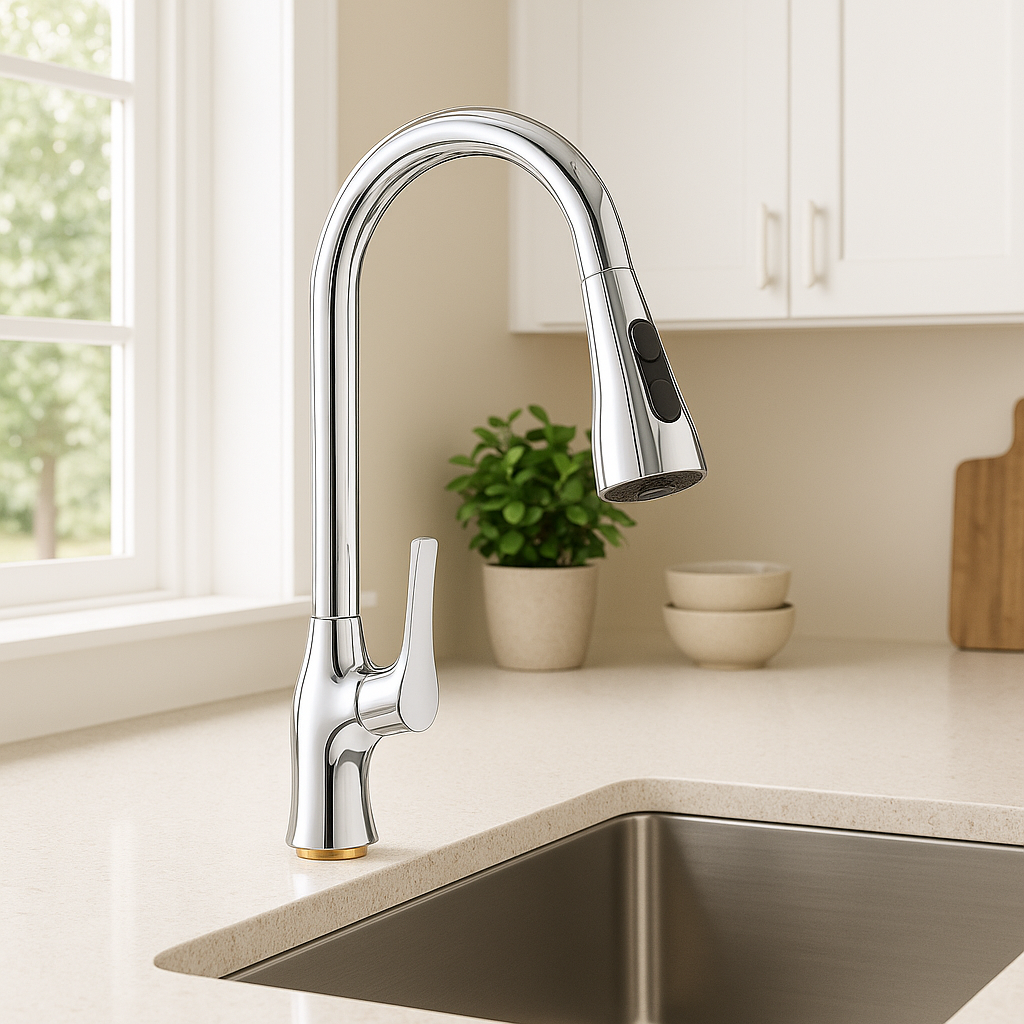 360-degree swivel kitchen sink faucet installed on sink