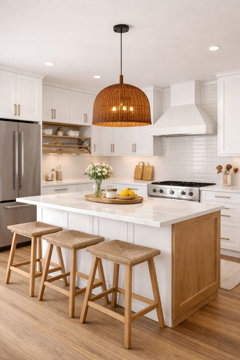 Rattan pendant light illuminating a stylish kitchen with white cabinets, wood accents, and a welcoming ambiance.