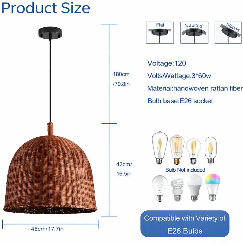 Rattan pendant light product size diagram showing dimensions and compatibility with E26 bulbs.