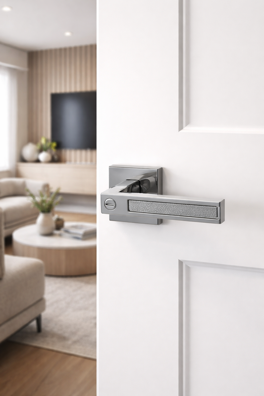 Privacy Door Handles – polished chrome square lever on a stylish interior door in a modern living room.