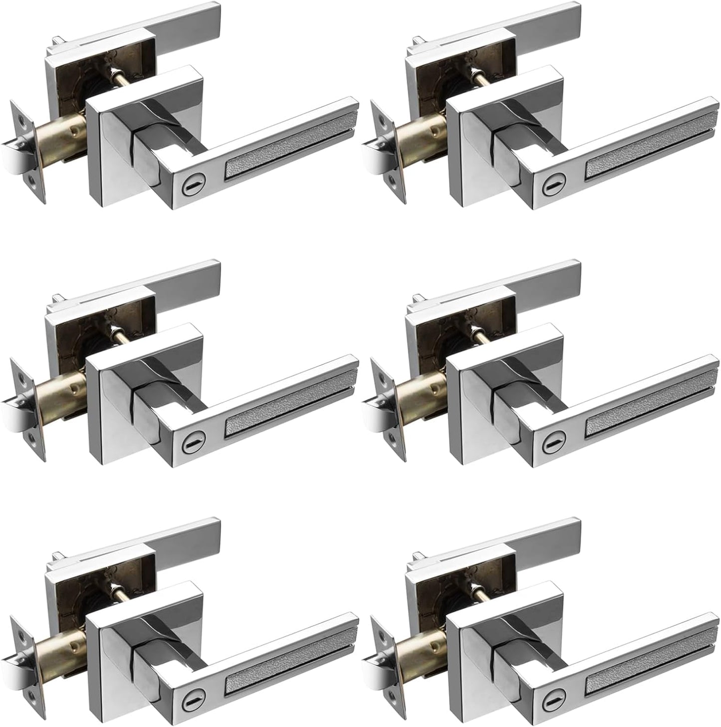 Privacy Door Handles – Polished Chrome, 6 Pack of heavy-duty interior door levers for privacy in bedrooms and bathrooms.