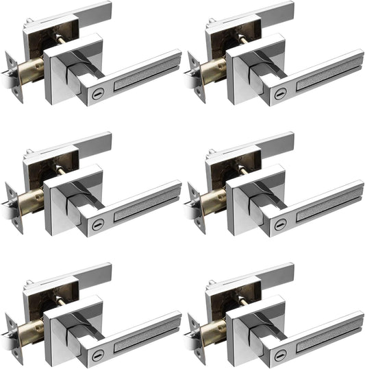 Privacy Door Handles – Polished Chrome, 6 Pack of heavy-duty interior door levers for privacy in bedrooms and bathrooms.