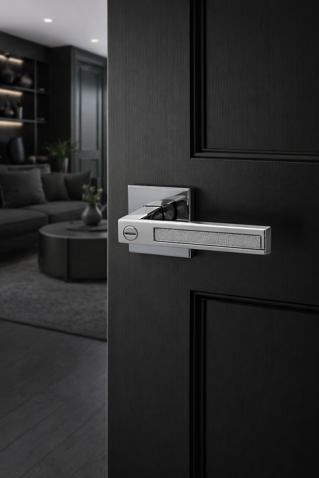 Privacy Door Handles - Polished chrome lever on a black door in a modern interior setting.