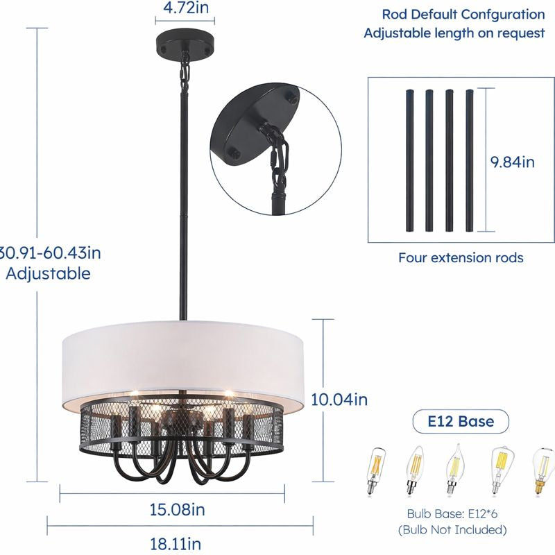 Modern drum chandelier dimensions and adjustable features with black fabric shade and metal details.