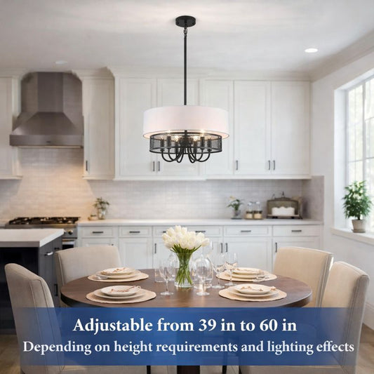 Modern drum chandelier in a dining room, adjustable height from 39 to 60 inches, featuring 6 lights and black fabric shade.