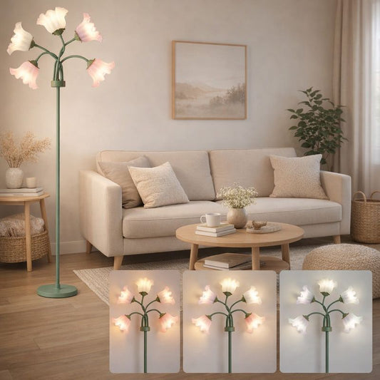 Floral floor lamp with five flower-shaped shades providing ambient light in a cozy living room. USB powered with three color modes.