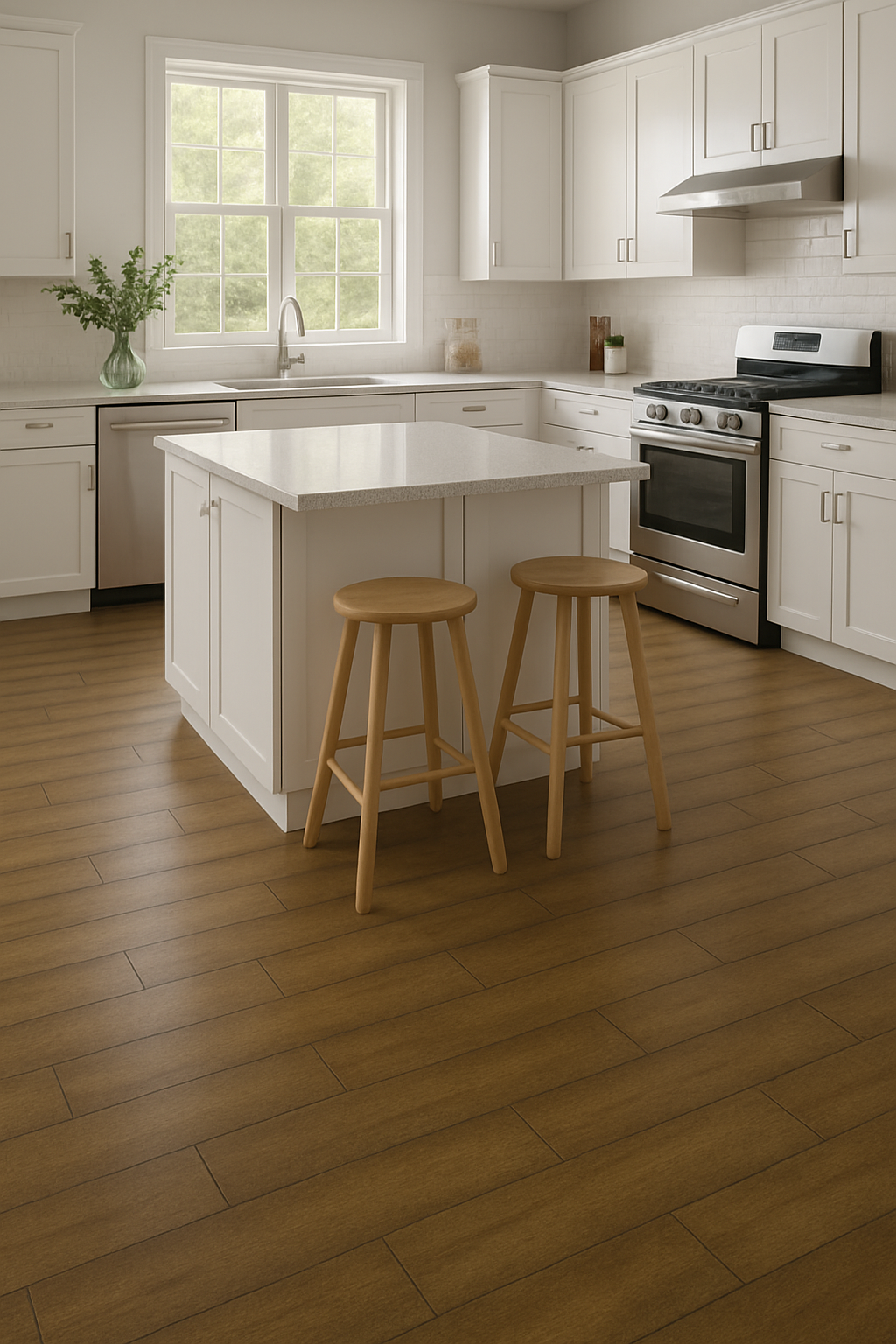 Peel and stick floor planks retro wood look in kitchen