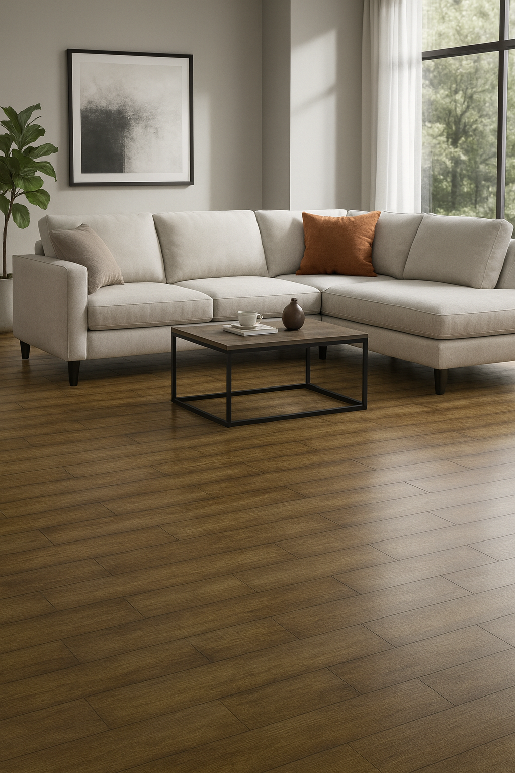 Peel and stick floor planks retro wood look in living room 