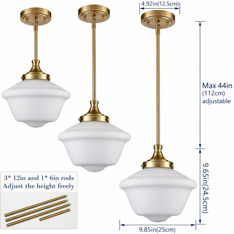 Gold schoolhouse pendant light with 10" white glass shade, adjustable brass hanging options for kitchens and dining rooms.