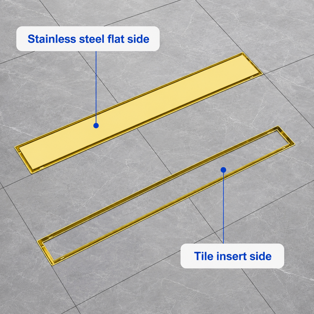 36" Brushed Gold Linear Shower Drain with Tile Insert – Stainless Steel Floor Drain with Hair Strainer & Adjustable Leveling Feet