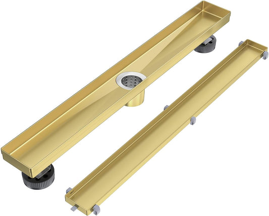 36" Brushed Gold Linear Shower Drain with Tile Insert – Stainless Steel Floor Drain with Hair Strainer & Adjustable Leveling Feet