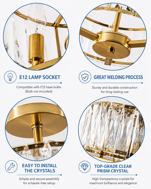 Modern Gold Crystal Semi-Flush Mount Chandelier – 12.5" 3-Light K9 Crystal Ceiling Light