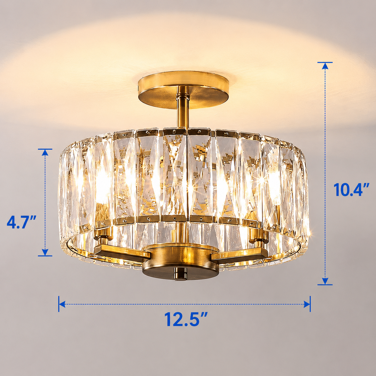 Modern Gold Crystal Semi-Flush Mount Chandelier – 12.5" 3-Light K9 Crystal Ceiling Light
