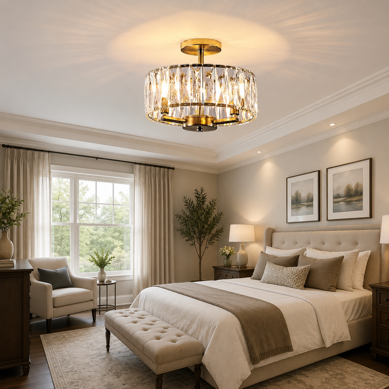 Modern Gold Crystal Semi-Flush Mount Chandelier – 12.5" 3-Light K9 Crystal Ceiling Light