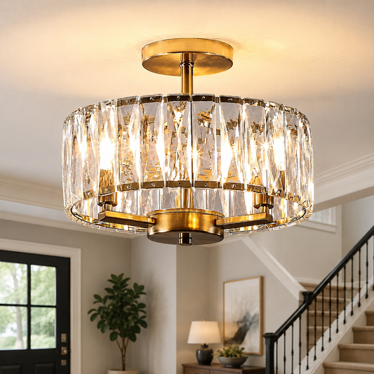 Modern Gold Crystal Semi-Flush Mount Chandelier – 12.5" 3-Light K9 Crystal Ceiling Light