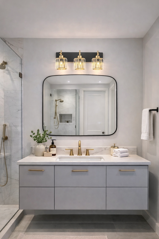 Modern Crystal Bathroom Vanity Light – 3-Light Black & Gold Wall Fixture Over Mirror (E26 Base)