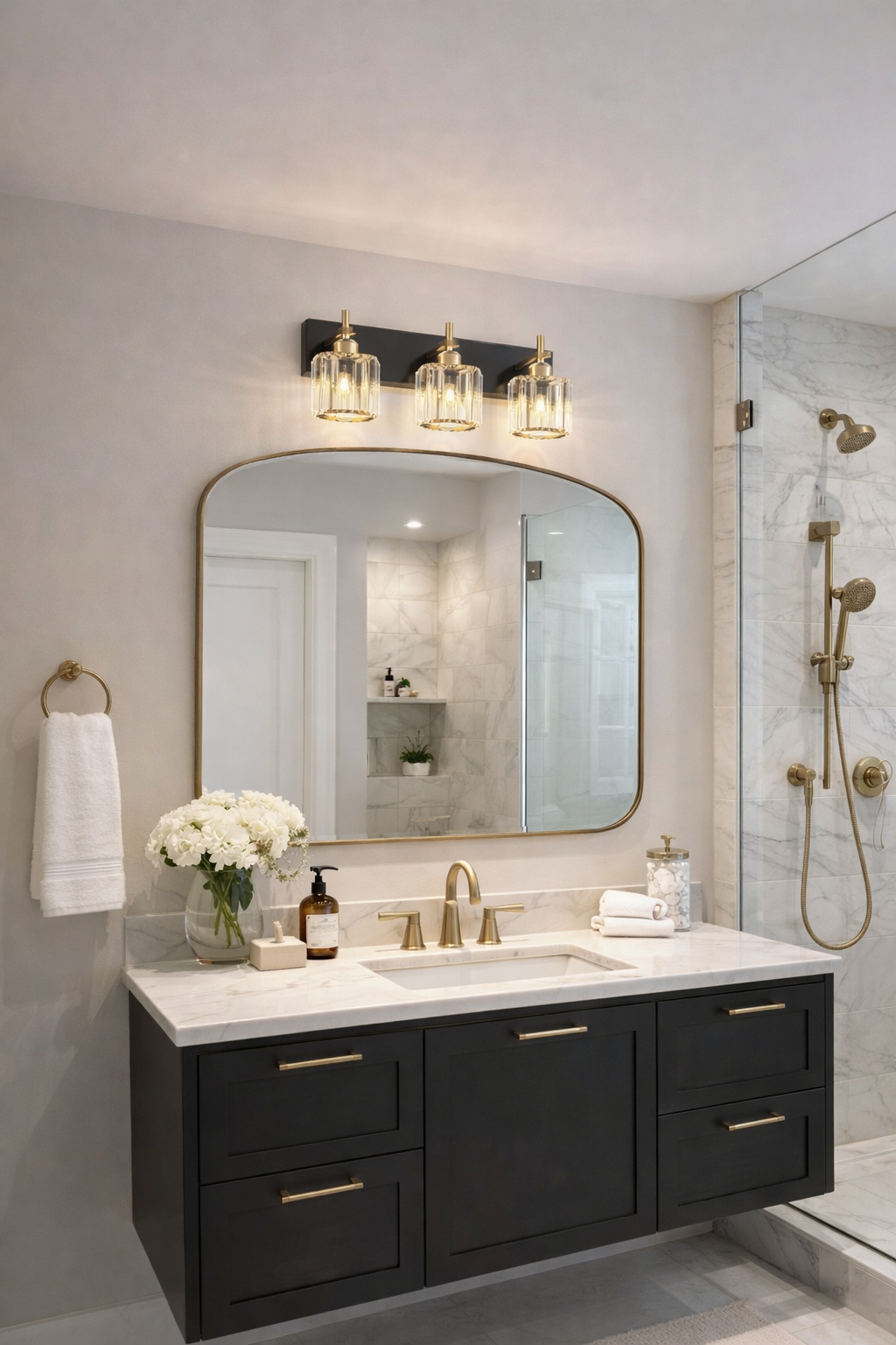 Modern Crystal Bathroom Vanity Light – 3-Light Black & Gold Wall Fixture Over Mirror (E26 Base)