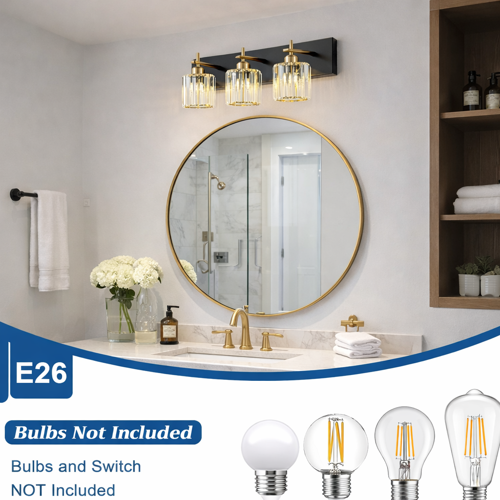 Modern Crystal Bathroom Vanity Light – 3-Light Black & Gold Wall Fixture Over Mirror (E26 Base)