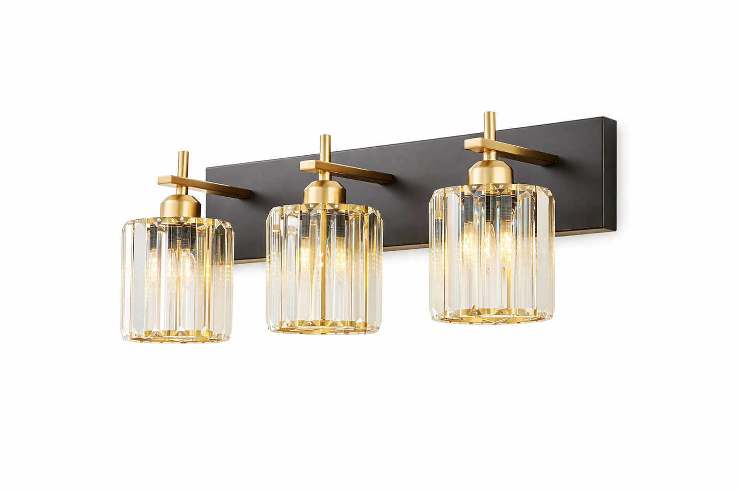 Modern Crystal Bathroom Vanity Light – 3-Light Black & Gold Wall Fixture Over Mirror (E26 Base)