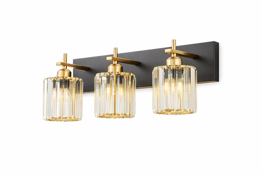 Modern Crystal Bathroom Vanity Light – 3-Light Black & Gold Wall Fixture Over Mirror (E26 Base)