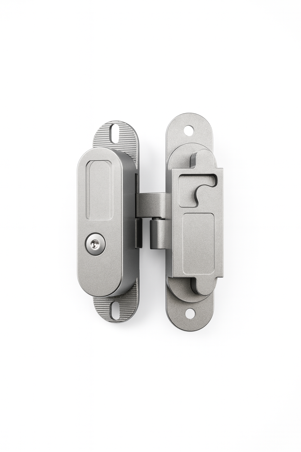 silver hidden door hinges shown in fully open 180-degree position