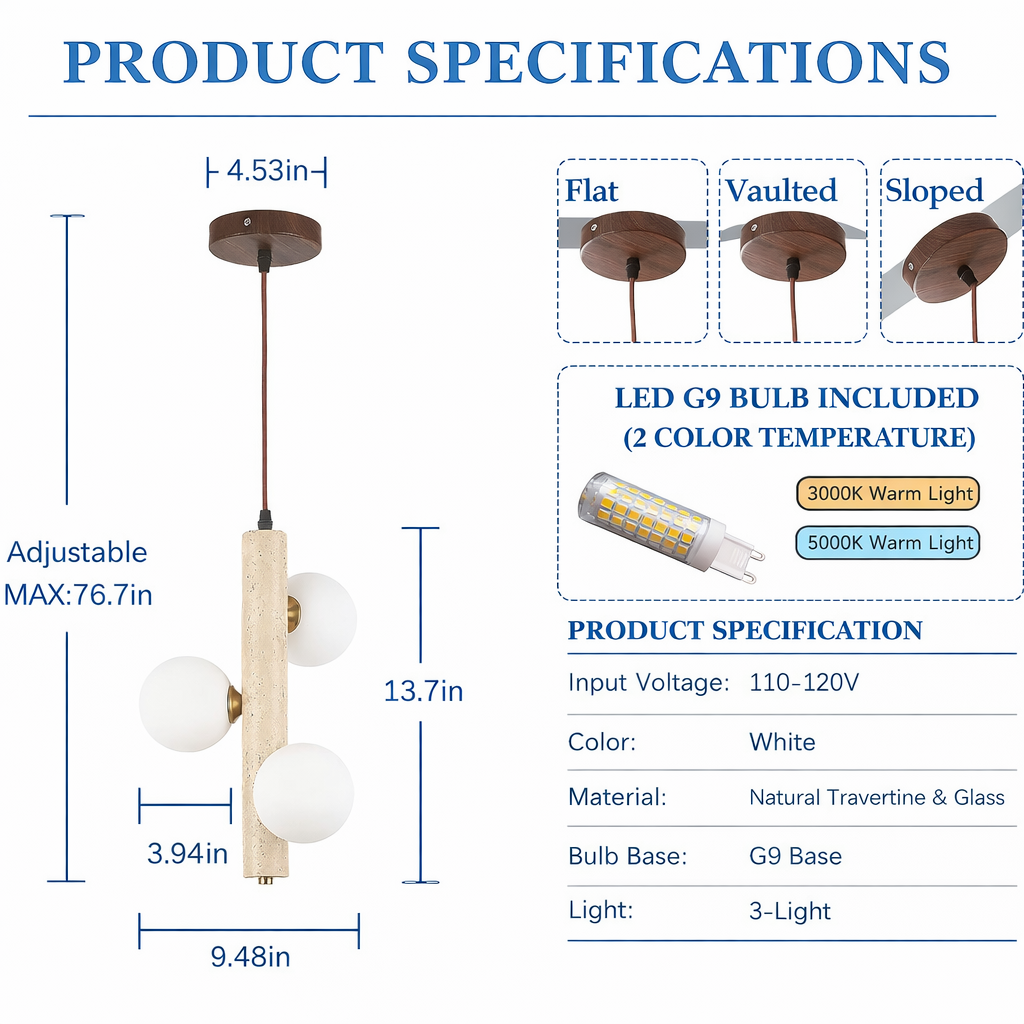 Product specifications for Travertine Pendant Light showing dimensions, materials, and G9 LED bulb options for versatile lighting.