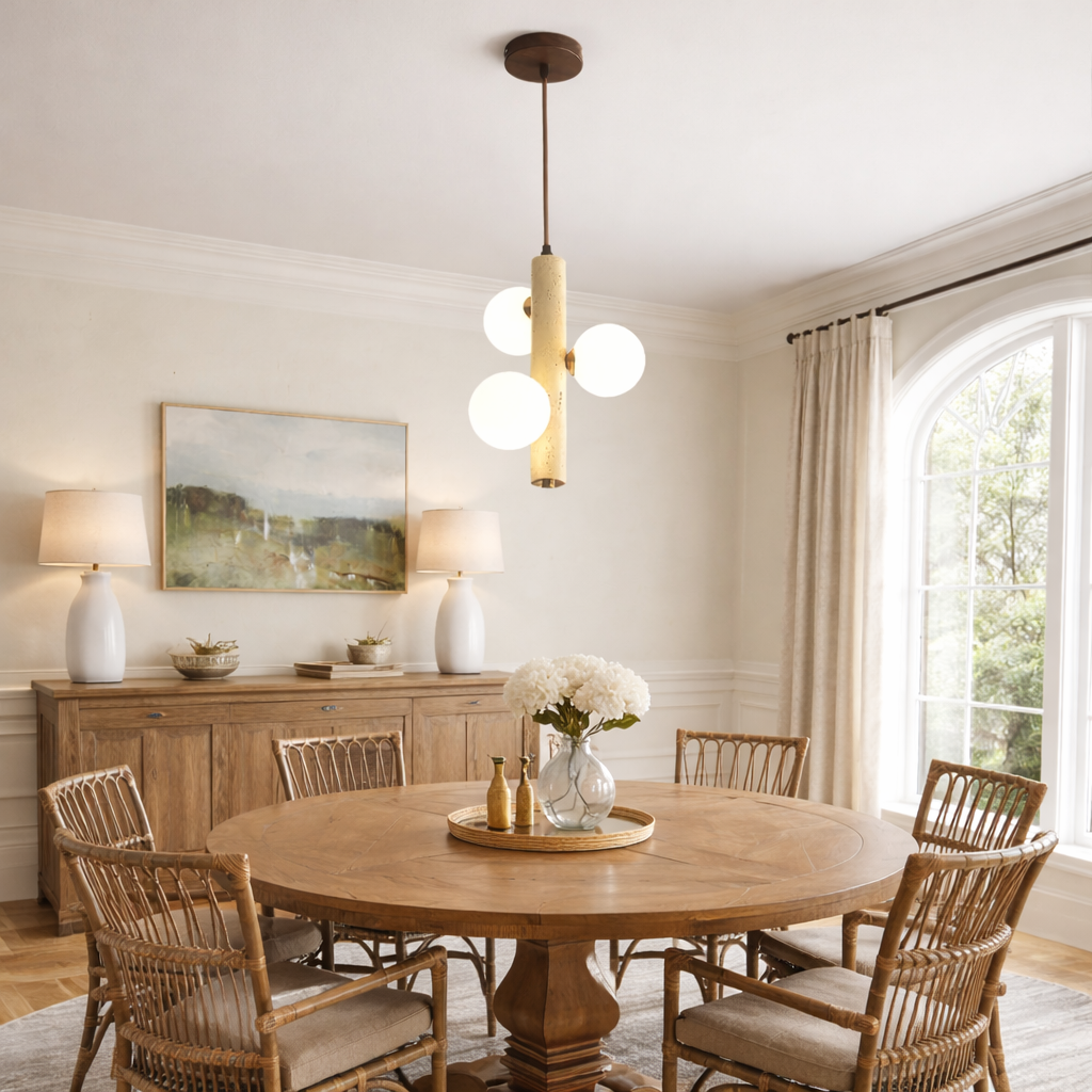 Travertine Pendant Light illuminating a dining room with a wooden table, rattan chairs, and modern decor.
