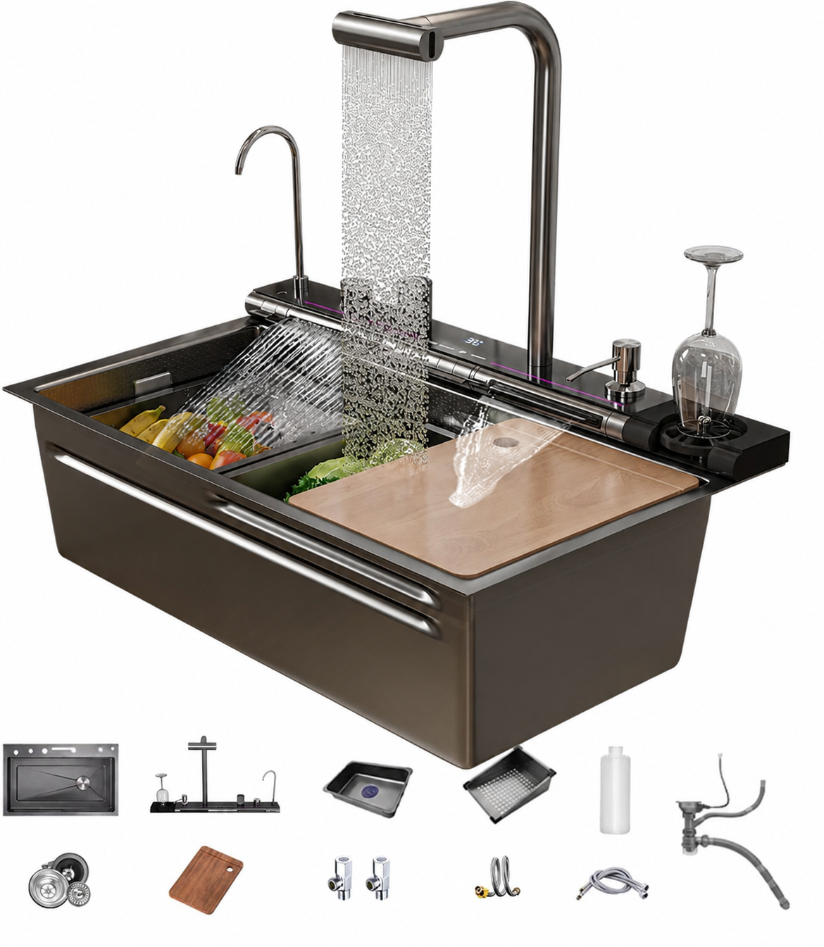 Smart Dual Waterfall Kitchen Sink Workstation with Digital Display & Pull-Out Faucet – 31.5" Stainless Steel