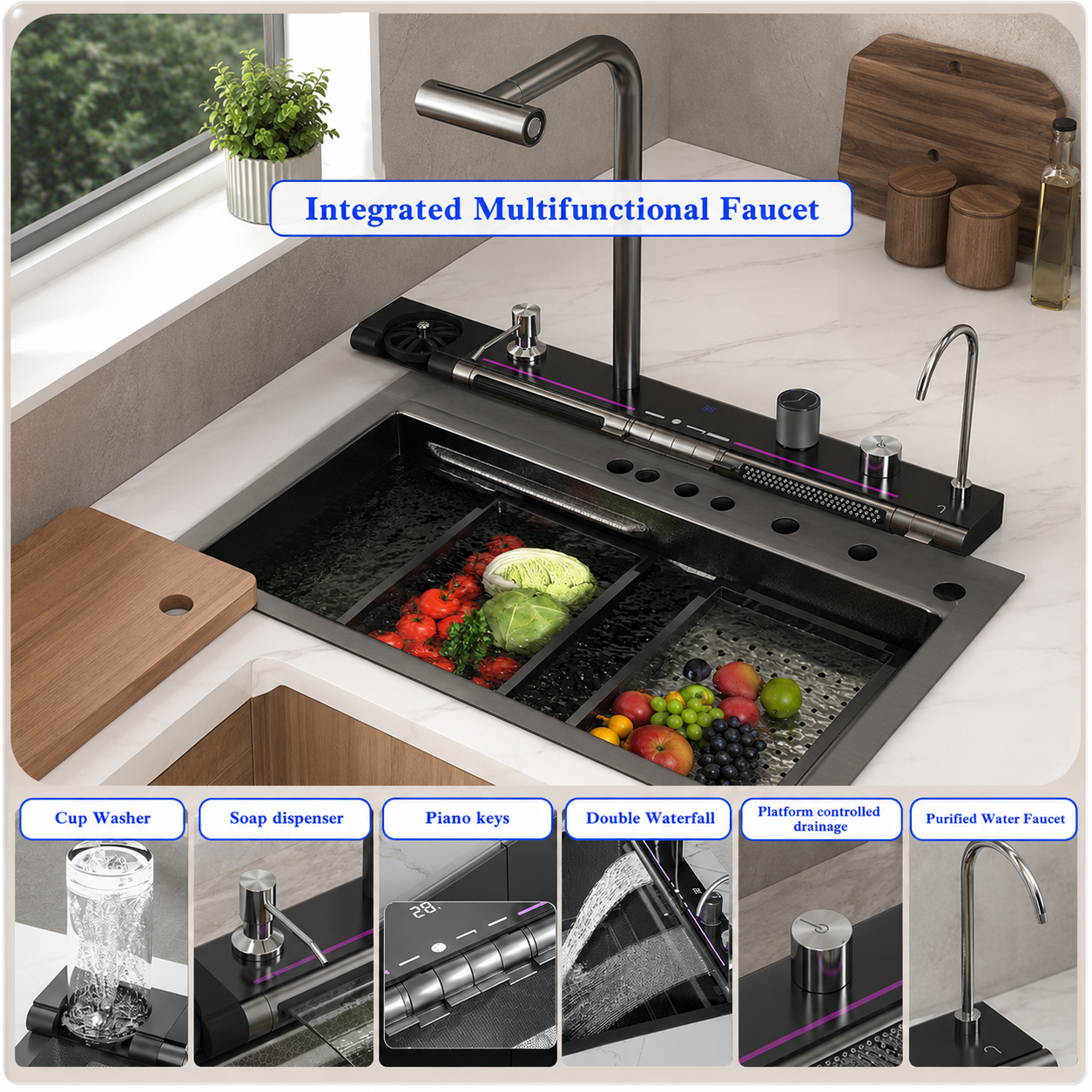 Smart Dual Waterfall Kitchen Sink Workstation with Digital Display & Pull-Out Faucet – 31.5" Stainless Steel