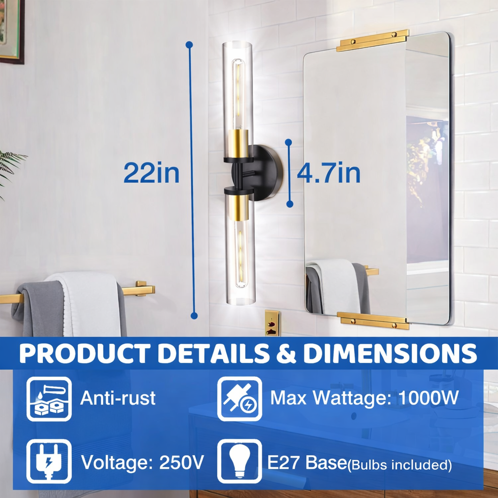 Modern Black & Gold Adjustable Wall Sconces – Set of 2 Acrylic LED Vanity Lights