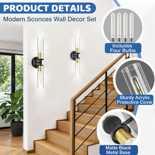 Modern Black & Gold Adjustable Wall Sconces – Set of 2 Acrylic LED Vanity Lights