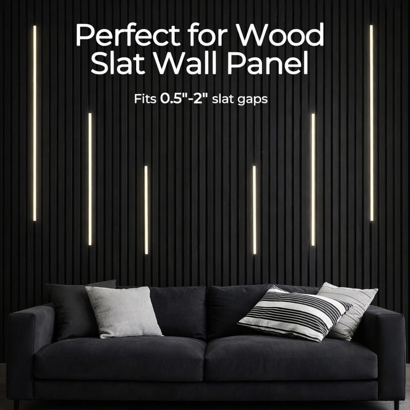 LED Wall Panel Lights on wood slat accent wall, designed for 0.5"-2" slat gaps, enhancing modern interiors.