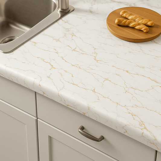 Off-white marble peel and stick wallpaper roll included in our home upgrade essentials bundle