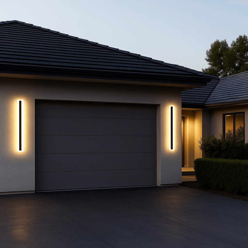 Modern black outdoor LED wall lights in 2-pack set included in our Accent Lighting Upgrade Kit