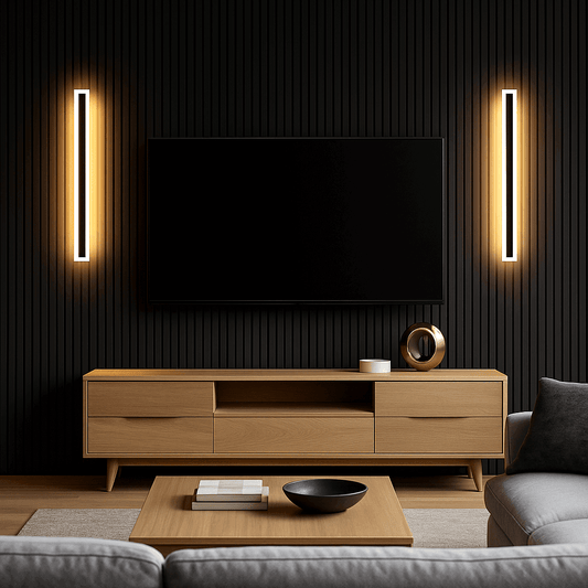 Modern black outdoor LED wall lights in 2-pack set included in our Accent Lighting Upgrade Kit