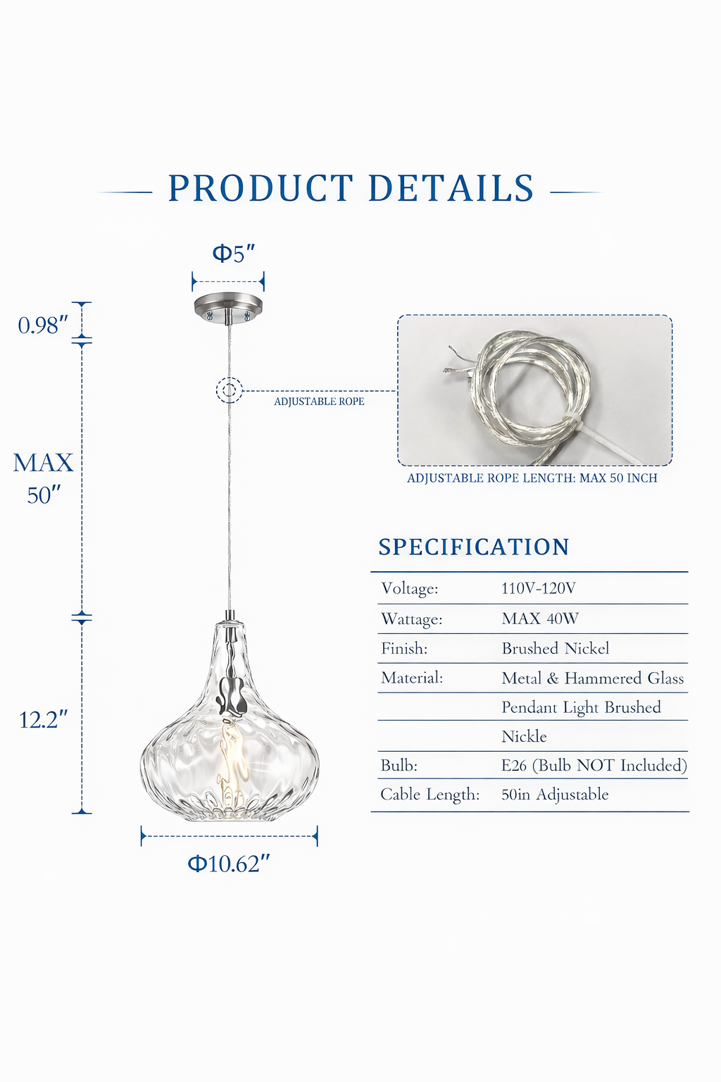 Clear Glass Pendant Light - Dimensions