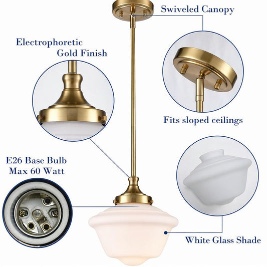 Gold schoolhouse pendant light with white glass shade and adjustable brass features for kitchen and dining spaces.