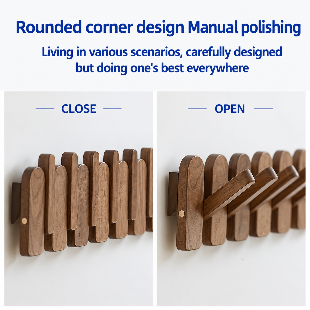Modern Flip-Down Wooden Wall Coat Rack – 8 Folding Hooks in Walnut & Beech Wood