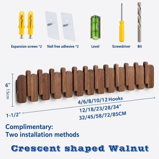 Modern Flip-Down Wooden Wall Coat Rack – 8 Folding Hooks in Walnut & Beech Wood