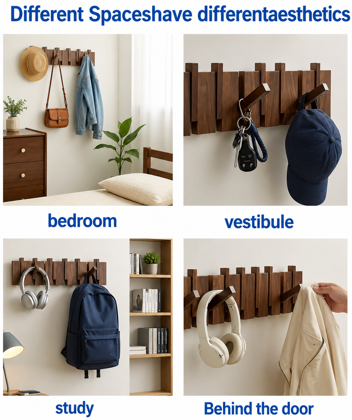 Modern Flip-Down Wooden Wall Coat Rack – 8 Folding Hooks in Walnut & Beech Wood