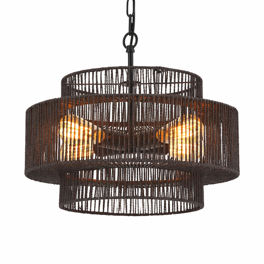 Hand-Woven Rattan Chandelier Light Fixture – 3-Tier Boho Farmhouse Ceiling Light, Black (17.7")