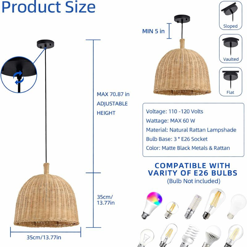 Rattan pendant light product size illustration showing dimensions and adjustable height options for elegant lighting.
