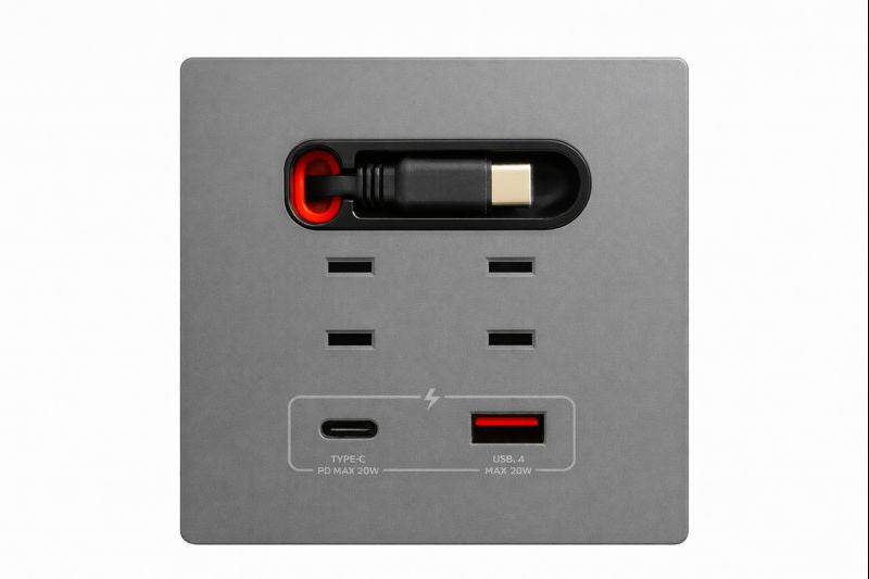Modern USB-C Wall Outlet with Retractable Charging Cable – 20W Fast Charging