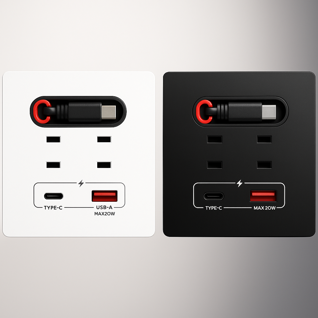 Black USB wall outlet with USB-C PD 20W and USB-A port