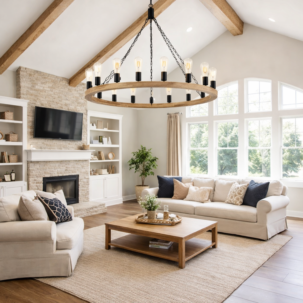 Farmhouse Wood Wagon Wheel Chandelier - Living Room
