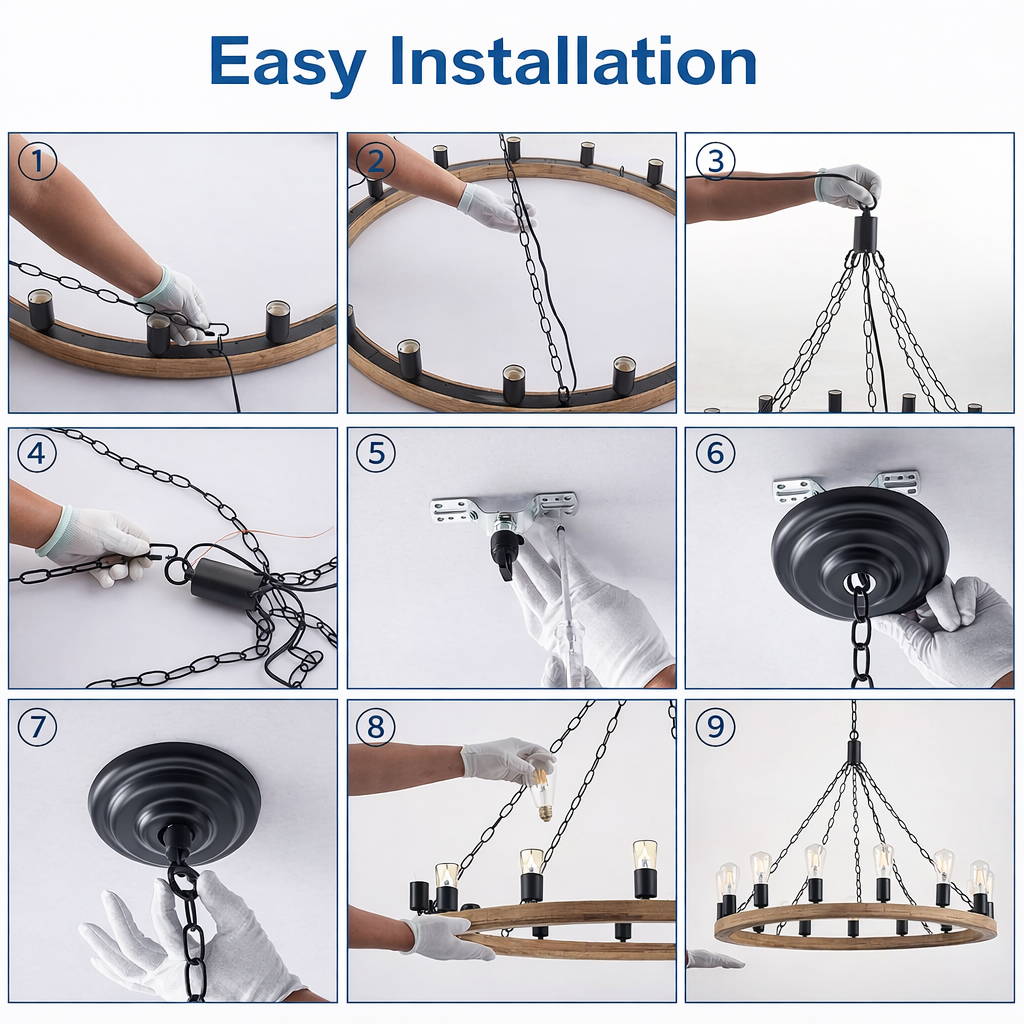 Farmhouse Wood Wagon Wheel Chandelier - Installation