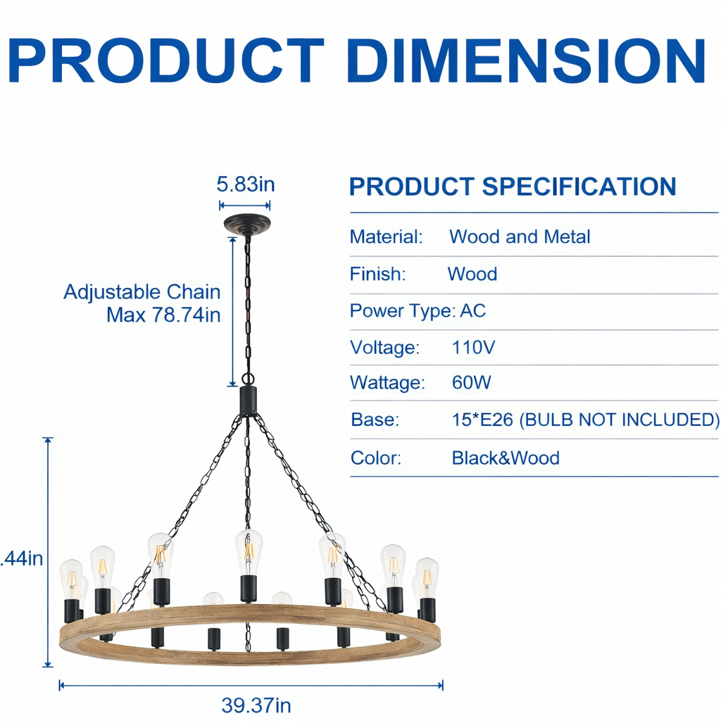 Farmhouse Wood Wagon Wheel Chandelier - Specs