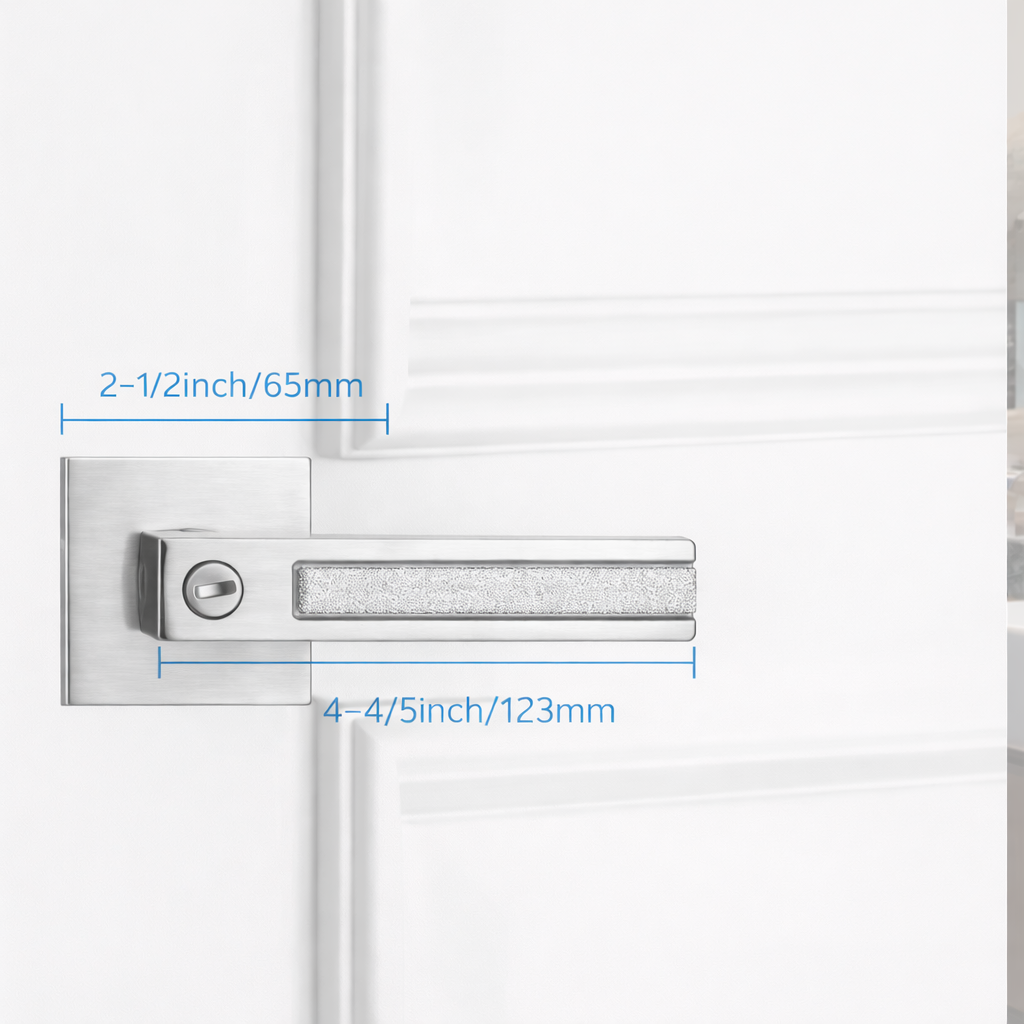 Privacy Door Handles – Polished Chrome, showing modern lever design with measurements on interior door.